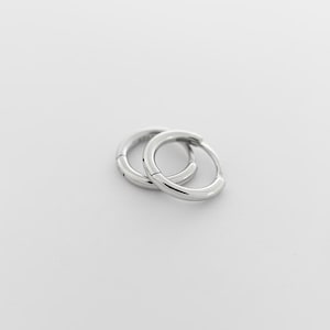 May include: A pair of small, polished silver-tone hoop earrings with a smooth, rounded profile. The earrings feature a hinged closure mechanism, visible as a thin seam along the circular band, creating a clean and simple metallic design.