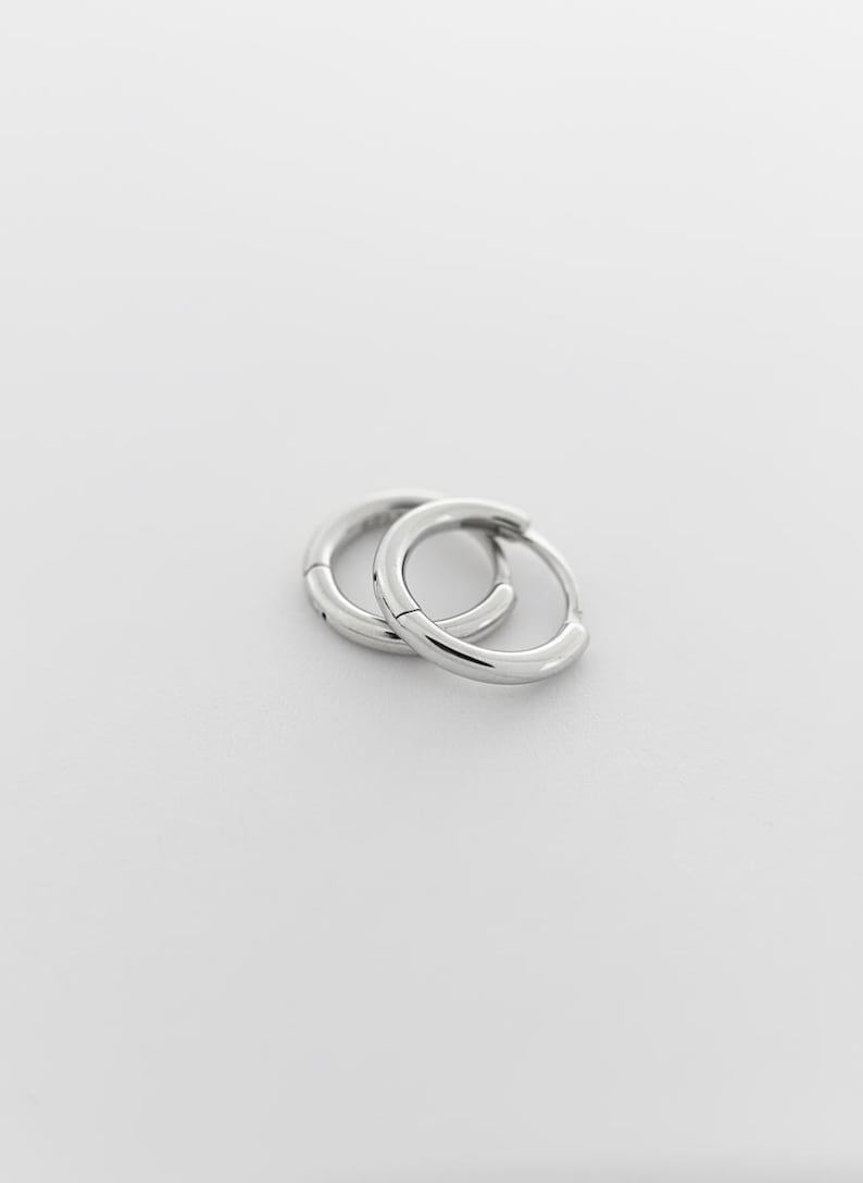 May include: A pair of small, polished silver-tone hoop earrings with a smooth, rounded profile. The earrings feature a hinged closure mechanism, visible as a thin seam along the circular band, creating a clean and simple metallic design.