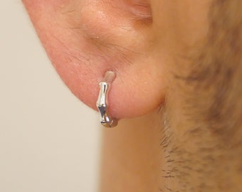 Men’s 925 Sterling Silver Hoop Earrings | Silver Bamboo Huggie Hoops | Everyday Earrings For Men