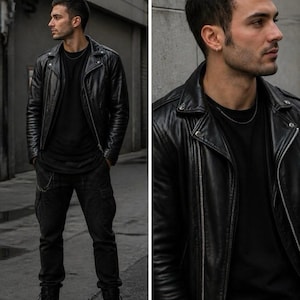 May include: A black leather motorcycle jacket with silver zippers and snap buttons, worn over a plain black t-shirt. The outfit includes dark cargo pants with a side chain and black lace-up combat boots, creating a monochromatic look.