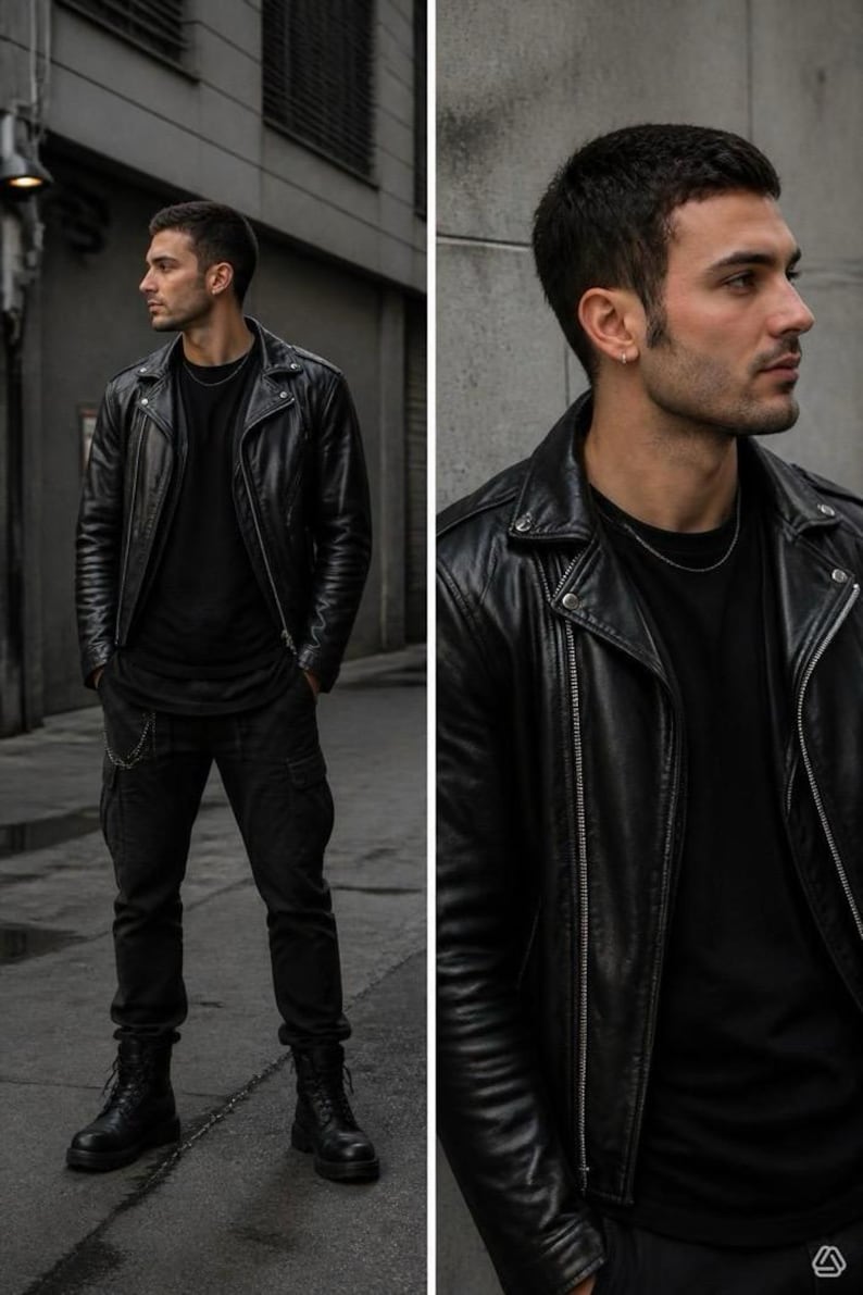 May include: A black leather motorcycle jacket with silver zippers and snap buttons, worn over a plain black t-shirt. The outfit includes dark cargo pants with a side chain and black lace-up combat boots, creating a monochromatic look.