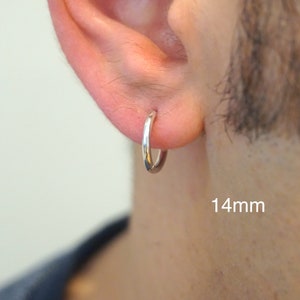 Mens Sterling Silver Hoops Earring, Plain Silver Huggie Earrings, Mens Hoop Earring, Earrings For Him Silver 1.4 cm