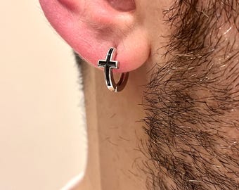 Men’s Black Cross Hoop Earrings | Silver-Plated Huggie Earrings | Minimal Men’s Jewellery