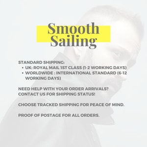 May include: A graphic featuring the text Smooth Sailing in dark gray font over a bright yellow rectangular background. Below, additional text provides information regarding shipping, order assistance, and postage proof for customers.