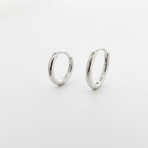 May include: A pair of small, polished silver hoop earrings with a hinged closure mechanism. The earrings feature a smooth, rounded profile and a reflective metallic finish, presented as two separate circular hoops on a plain surface.