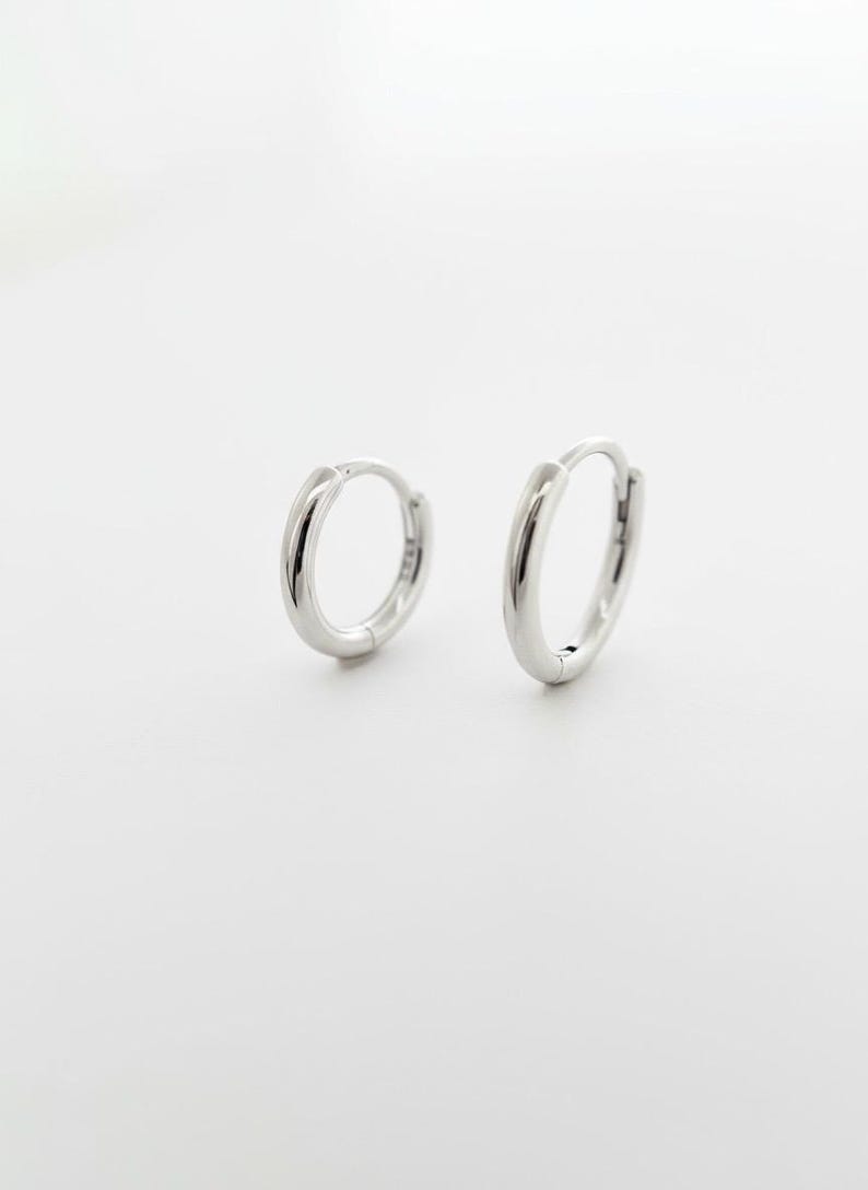 May include: A pair of small, polished silver hoop earrings with a hinged closure mechanism. The earrings feature a smooth, rounded profile and a reflective metallic finish, presented as two separate circular hoops on a plain surface.