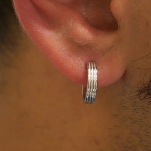 S925 Sterling Silver Triple Line Hoop Earrings - Men&#39;s Huggie Style