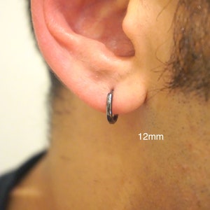 Mens Sterling Silver Hoops Earring, Plain Silver Huggie Earrings, Mens Hoop Earring, Earrings For Him Black 1.2 cm