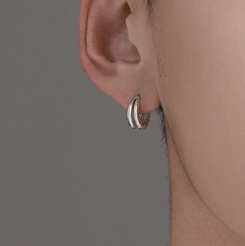 S925 Mens Double Hoop Earrings, Minimalist Hoops, Mens Silver Huggie Earrings, Mens Huggie Hoop Earring, Earrings For Him image 1