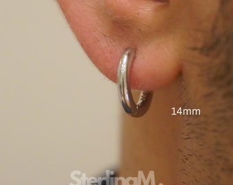 S925 Mens Chunky Plain Hoops Earring, Mens Silver Huggie Earrings, Mens Huggie Hoop Earring, Earrings For Him