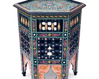 Handgeschilderde houten theetafel uit Marokko SARGYA blauw | Oosterse bijzettafel van massief hout | Marokkaanse houten tafel met de hand beschilderd| Tafel