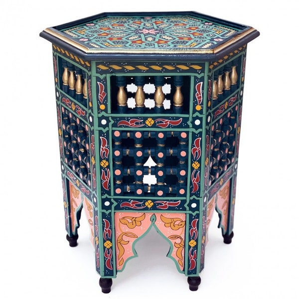 Handbemalter Holz Teetisch  aus Marokko SARGYA blau | Orientalischer Beitselltisch aus Vollholz | Marokkanischer Holztisch handbemalt| Tisch