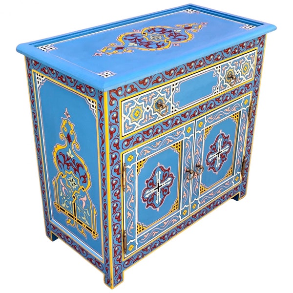Commode marocaine peinte à la main | commode orientale en bois faite à la main | Salon COMMODE À TIROIRS H80cm ZRIYEK Bleu
