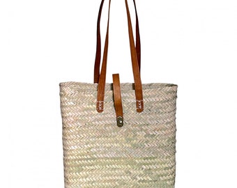 Orientalische Korbtasche | Marokkanische Tragetasche | Einkaufstasche | Handgefertigt Palmtasche mit Lederband | Strandtasche NADIA