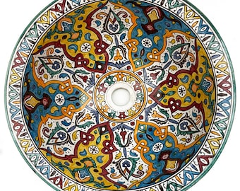 Rund Keramik Waschschüssel | Marokkanische Bad Spüle aus Keramik bemalt | Orientalisches Keramik Waschbecken handbemalt MULTI-4