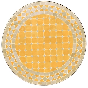 May include: Round mosaic table top with a vibrant yellow and gray tile pattern. The center features square tiles, surrounded by a border of diamond and square tiles. The table top is a decorative piece for outdoor or indoor use.