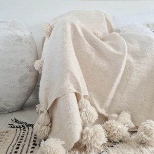 Moroccan pompom blanket cream white 275 x 190 cm | Blanket | Throw blankets for couch and bed made from 100% cotton