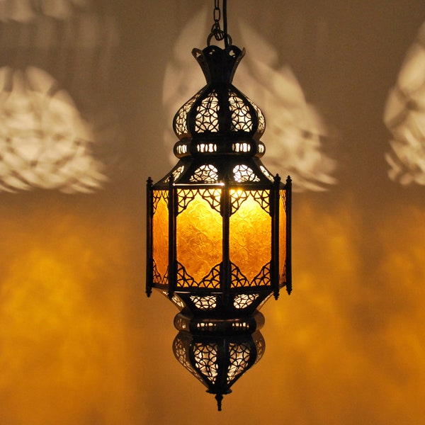 Orientalische Lampe | Hängeleuchte | Pendelleuchte | Deckenleuchte | Marokkanische Hängelampe | Lampe Laterne Leuchte "LAFNA-1" AMBER