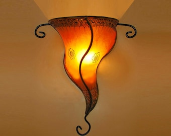 Marokkaanse wandlamp, leren lamp, wandlamp, lampenkap, leren lamp, GARN oranje