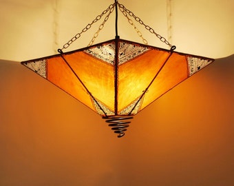 Moroccan leather hanging lantern CARRE ROSSOR Orange | Arabian henna pendant lamp | Boho oriental leather ceiling lamp including socket and cable