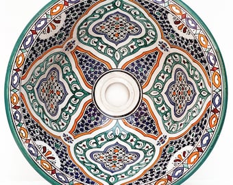 May include: A round, ceramic sink basin with a vibrant, intricate pattern. The design features a central white drain surrounded by a kaleidoscope of colors, including blue, orange, green, and red. The rim is a solid teal green.