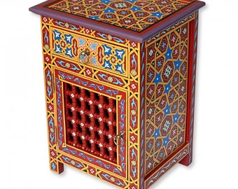 Oriental hand-painted chest of drawers made of Holtz | Oriental bedside table | Handmade Bedside Table From Morocco MAHAR Multicolored