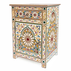 Oriental hand-painted small wooden chest of drawers | Moroccan nightstand | Handmade bedside table from Morocco | TALAYA H70xW50cm Colorful