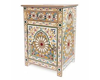 Oriental hand-painted small wooden chest of drawers | Moroccan nightstand | Handmade bedside table from Morocco | TALAYA H70xW50cm Colorful