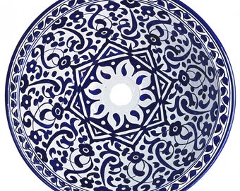 Rund Keramik Waschschüssel | Marokkanische Bad Spüle aus Keramik bemalt | Orientalisches Keramik Waschbecken handbemalt  FES-VII Blau D40cm