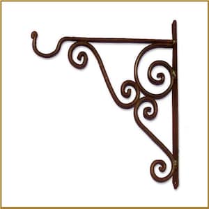 Könnte beinhalten: Rustikaler brauner Wandhalter aus Metall für Pflanzen mit dekorativem Schnörkeldesign.