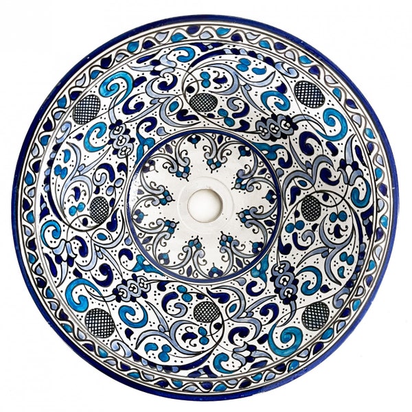 Vasque ronde en céramique | Lavabo de salle de bain marocain en céramique peinte | Lavabo oriental en céramique peint à la main TM23