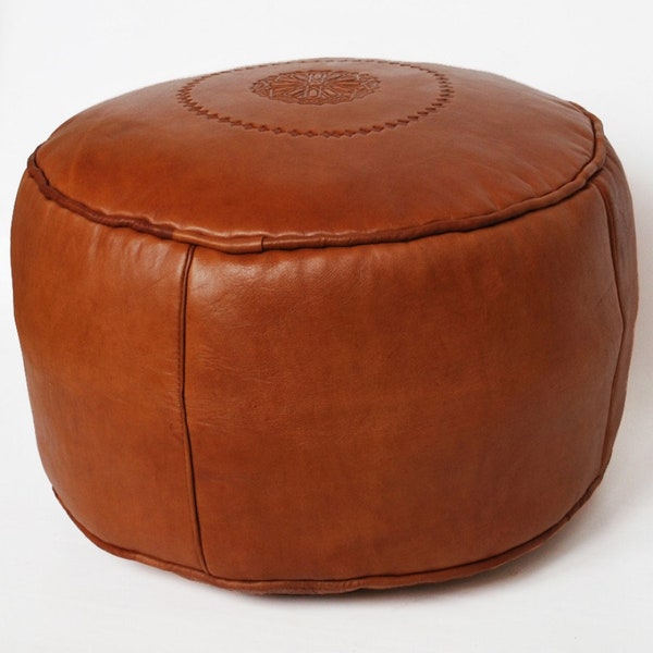 Coussin de siège en cuir oriental | Coussin de sol en cuir fait main | Pouf marocain | Ronde de Cognac Livrée Remplie