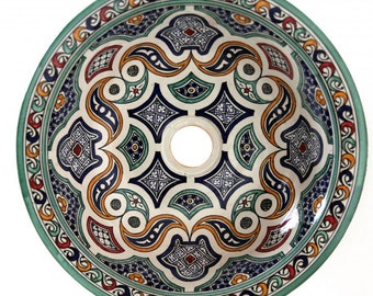 Runde Keramik Waschschüssel FES-II Ø41cm | Marokkanische Bad Spüle aus Keramik bemalt | Orientalisches Keramik-Waschbecken rund handbemalt