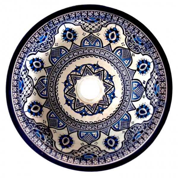 Lavabo marroquí de cerámica pintado a mano FES-XII D40 | Fregadero de cerámica para cocina y baño. Lavabo sobre encimera / lavabo empotrado