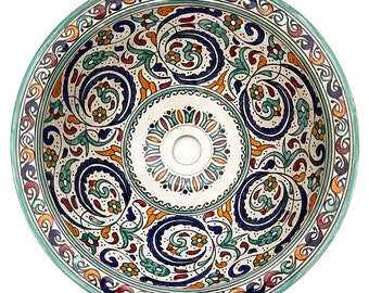 Rund Keramik Waschschüssel | Marokkanische Bad Spüle aus Keramik bemalt | Orientalisches Keramik Waschbecken handbemalt  FES-V D42cm