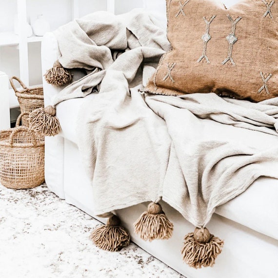 Moroccan Sofa Throw Cream White With Beige Tassels 275 X 190 Cm Blanket Throw Blankets for Couch and Bed Made From 100 Cotton Etsy Australia
