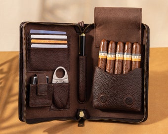 Personalized Italian Leather Cigar Case Gift for Him, 5 Cigar Storage, Full Grain Handmade Leather Cigar Holder for Men, Custom Cigar Box