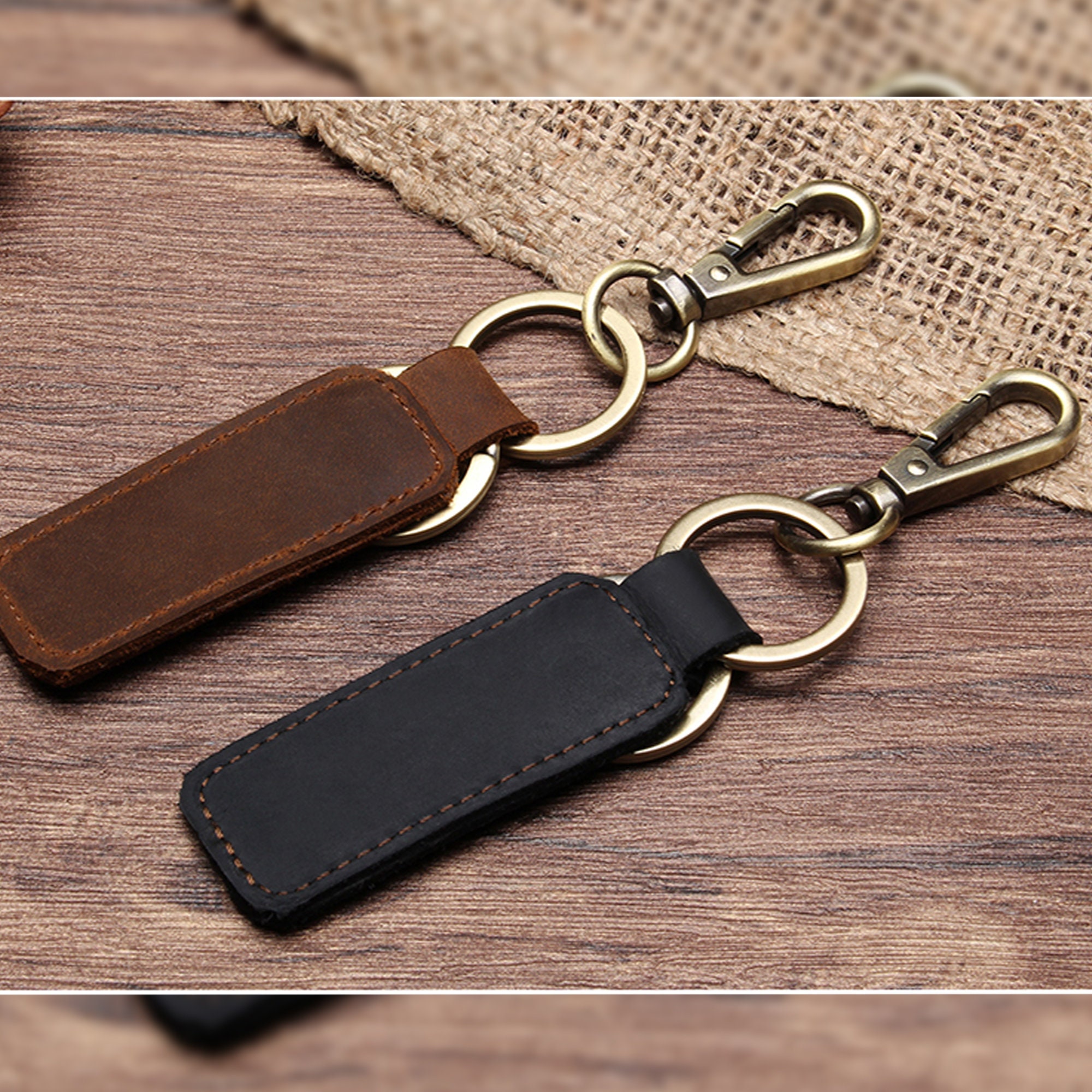 JJNUSA Genuine Leather Keychain Walnut Leather Key Holder Mens Belt Key  Chain Ring Fob
