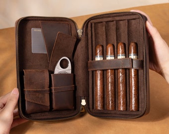 Personalized Italian Leather Cigar Cases, 4-Finger Portable Travel Cigar Case, Custom Cigar Holder, 4 Cigar Holder Box, Groom Gifts