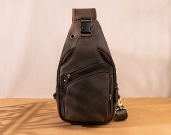 Full Grain Genuine Leather Chest Pack Travel Shoulder Backpack Daypack Left Crossbody Bag Right Sling Bag Personalized Holiday Gift