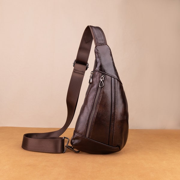Creative Fashion Chest Bag Men's Genuine Leather Shoulder Bag Top Layer Cowhide Retro Phone Bag Black Outdoor Casual Crossbody Bag
