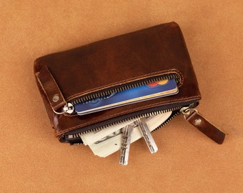 Leren creditcardhouder Leren retro casual portemonnee Kaarthouder Portemonnee met ritssluiting Slanke minimalistische portemonnee voor heren