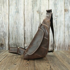 Full Grain Leather Chest Bag Retro Leather Crossbody Bag Handmade Mens Leather Sling Bag