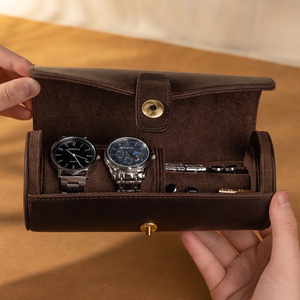 Organiseur de montre en cuir personnalisé en cuir véritable, étui de montre créatif fait main, étui à boutons de manchette