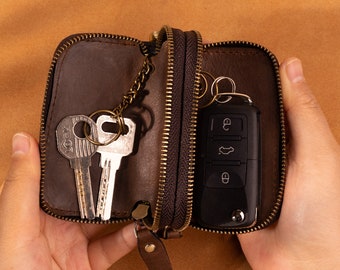 Crazy Horse Leather Key Bag Double Pocket Leather Car Key Bag Convenient Mini Simple Fashion Key Bag