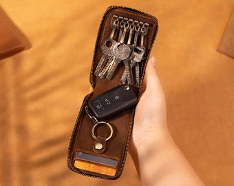 Leather Key Case Portable Clutch Key Bag Unisex Vertical Card Holder Men's Large Capacity Keychain Car Remote Control Bag Waist Pack