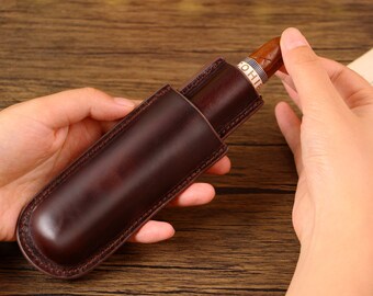 Tan/Brown Full-Grain Leather 2-Finger Cigar Travel Case DIESEL Super-Soft 