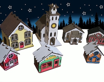 3D Model Christmas Village Winter Scene Buildings Laser Cut Wooden Building Scale Decorations SVG File Christmas Crafts