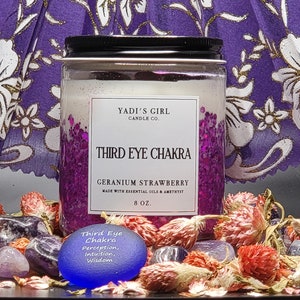 Third Eye Chakra Candle Scented Candle Strawberry Crystal Candle Amethyst Candle Intention Candle Ritual Prayer Candle Aromatherapy Candle
