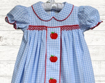 Girls Apple Smocked Dress back to school first day of school.  Peter Pan collar, blue/white check gingham, red embroidered apples